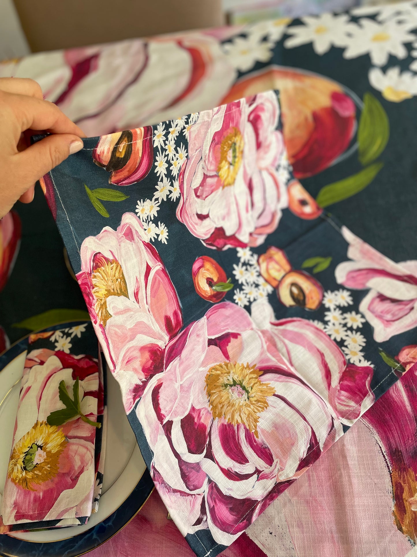 Linen Napkin Set “Peonies and Peaches”