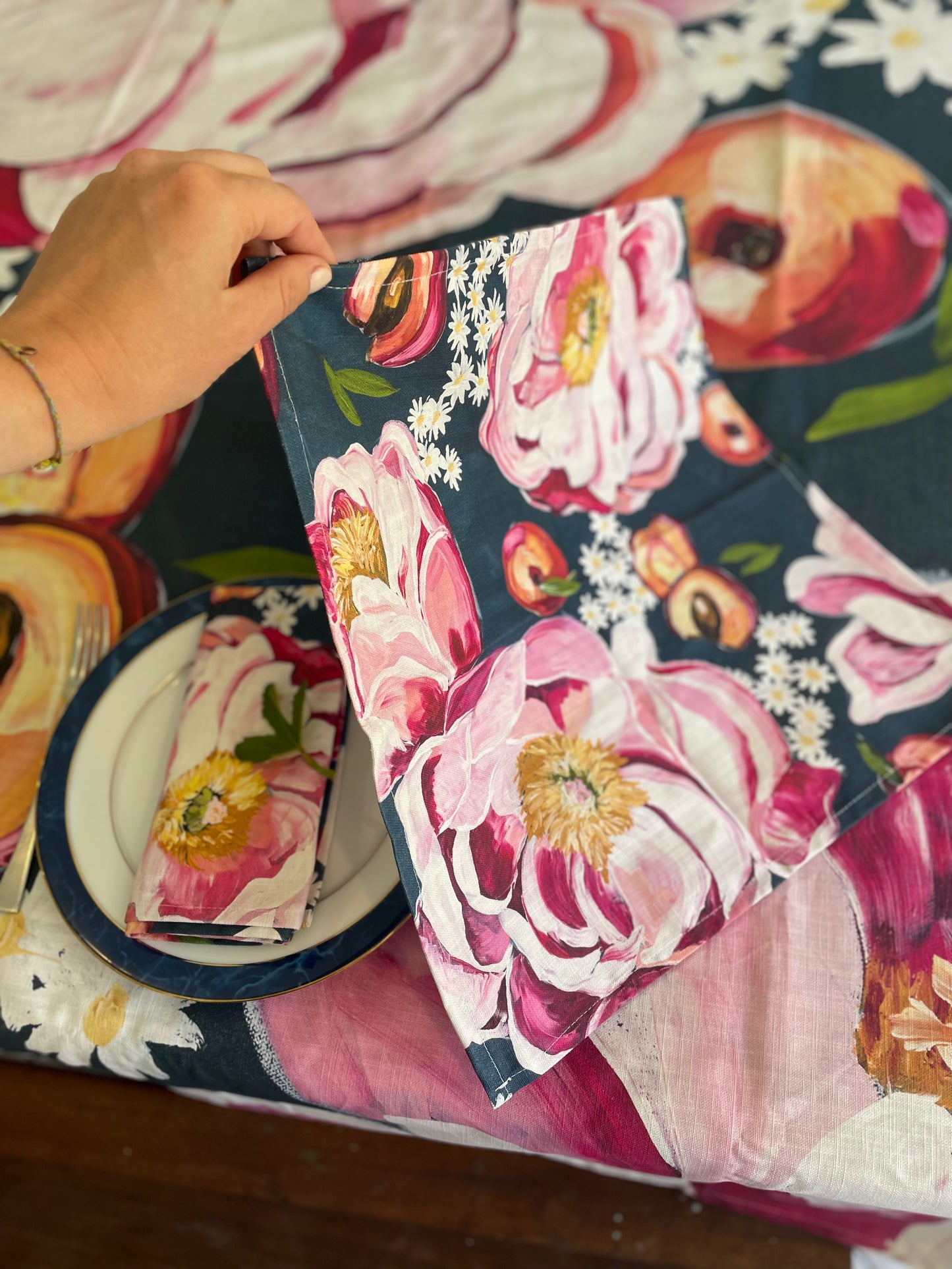 Linen Tablecloth “Peonies and Peaches”