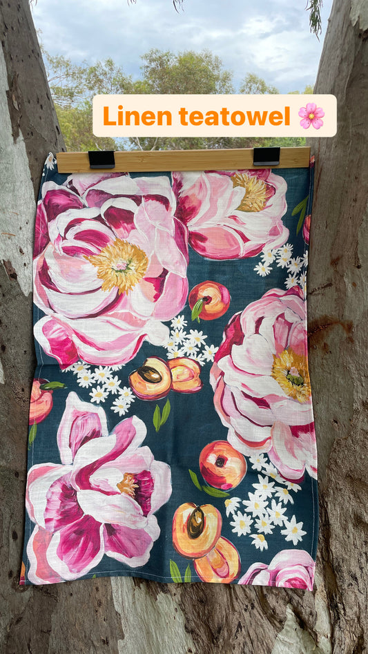 Linen Teatowel “Peaches and Peonies”